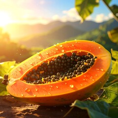 A ripe papaya cut in half, glistening with water drops against a vibrant, sunlit mountainous backdrop