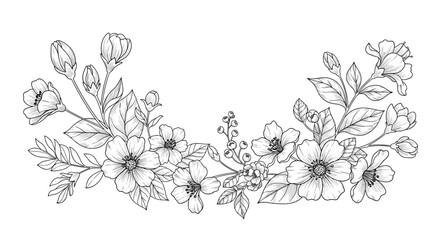 A delicate hand-drawn floral arrangement featuring blooming flowers and budding branches.