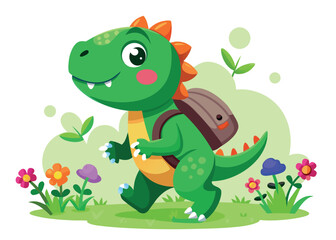 Happy dinosaur with backpack walking through a field of flowers isolated on white background