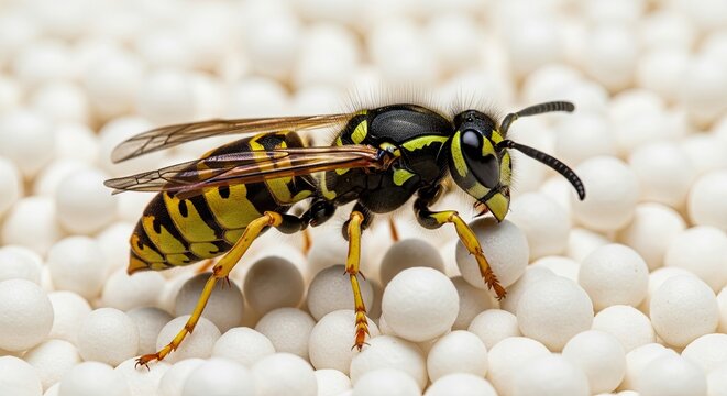 A Close Up Of A Yellow Jacket Insect Standing On White Spheres