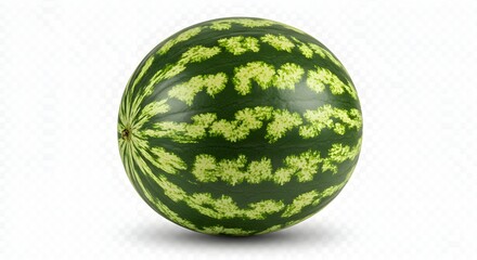 A ripe, round watermelon, its rind striped green and light green, isolated on a transparent background