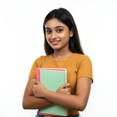 Smiling Indian College Student Holding Books and Notebooks Isolated on White Background