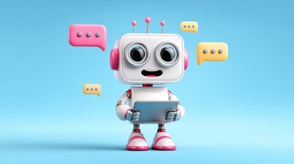 Cute 3D Robot Chatting on Tablet with Speech Bubbles.