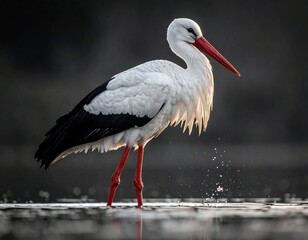 A solitary white stork with red beak and legs stands gracefully in shallow water