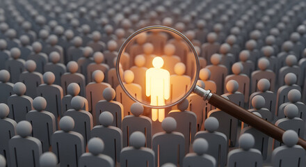 Fototapeta premium Find the perfect candidate with a magnifying glass over the crowd