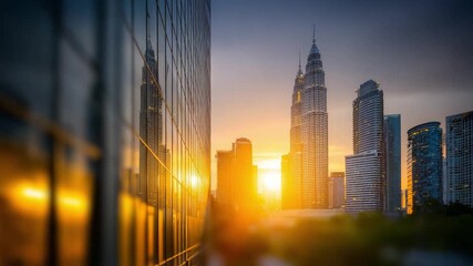 City Skyline at Sunset: The sun casts a golden glow upon the sleek, modern architecture of a sprawling cityscape, transforming the towering skyscrapers into silhouettes against the vibrant sky.  - Powered by Adobe