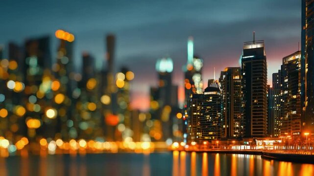 Cityscape at Twilight: A captivating cityscape glows with radiant lights, the modern architectural marvels reflected in tranquil water under the twilight sky.