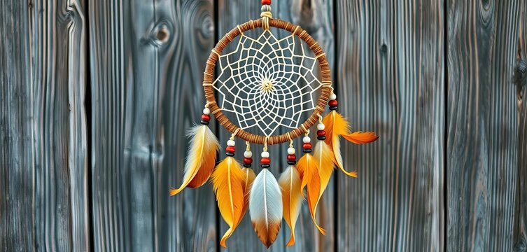Intricate woven dreamcatcher with feathers and beads, hanging against a rustic wooden background,  colorful,  home decor