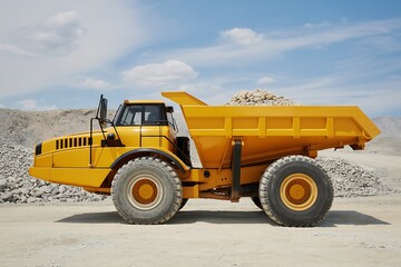 Heavy duty bright yellow articulated dump truck on construction site under sky