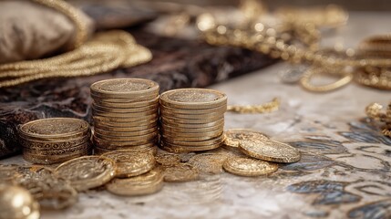 Closeup of stacked gold coins and jewelry on a patterned surface, creating a sense of wealth and luxury