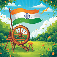 Vibrant and colorful illustration of a happy Gandhi Jayanti celebration scene with a prominent Indian flag waving in the background and a traditional spinning wheel placed at the forefront, surrounded
