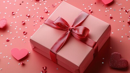 Obraz premium Beautiful Pink Gift Box Tied with Ribbon Surrounded by Hearts and Glitter.
