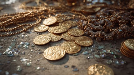 Scattered gold coins and beaded necklaces on a textured surface, suggesting discovery and ancient wealth