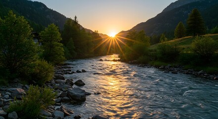 A river flows through a valley with mountains, sun setting, casting rays