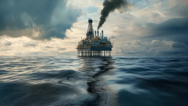 An oil rig is situated in the ocean, silhouetted against a cloudy sky. Black smoke rises from the platform, adding to the tension in the atmospheric view during the day.