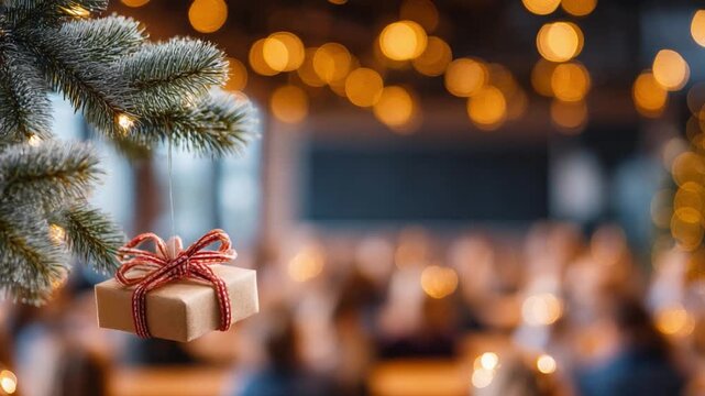 Christmas Gift and lights: a beautifully wrapped gift, adorned with a rustic twine bow, is suspended beneath a festive arrangement of pine branches and soft, warm bokeh lights.