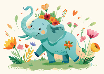 A cute baby elephant surrounded by flowers isolated on white background