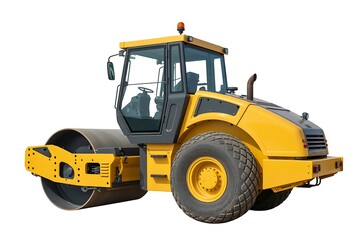 Fototapeta premium Powerful yellow road roller construction machine heavy duty equipment isolated