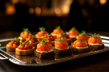 Elegant canapés on silver tray gourmet appetizers in upscale cocktail setting.
