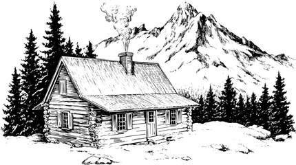 Vintage cabin illustration in black and white outline. A scenic landscape featuring mountains, trees, and smoke, presented as a vector set.