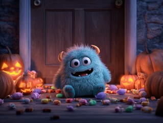 A tiny monster sitting on a porch surrounded by pumpkin and candy