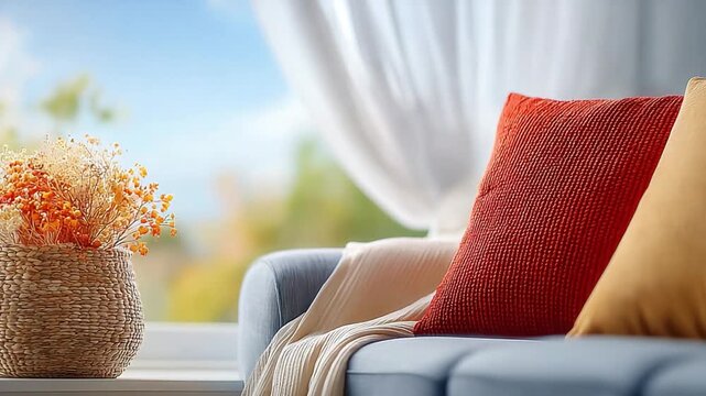 Cozy Corner: A meticulously composed scene showcasing a plush sofa adorned with soft pillows and a warm blanket, beside the vibrant fall bouquet.