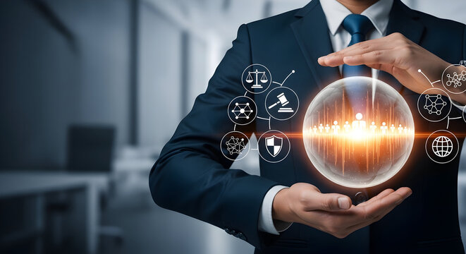 Professional man protects clients with law and security in digital age