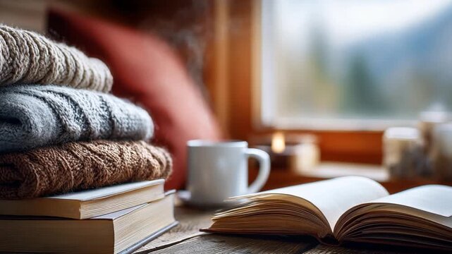 Cozy corner with a stack of knitted sweaters and a steaming mug, inviting you to enjoy a moment of relaxation with an open book by the window