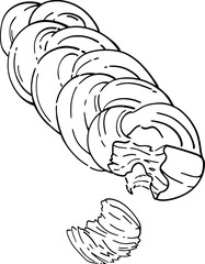 Minimalist line art of torn challah bread showing soft texture. Perfect for bakery logo, packaging, and food illustration design.