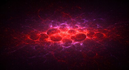 A glowing, fiery center surrounded by dark purple tendrils and orbs, resembling a cosmic event