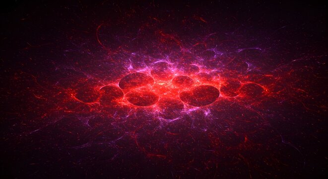 A glowing, fiery center surrounded by dark purple tendrils and orbs, resembling a cosmic event