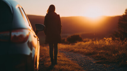 Silhouette of a woman walking away from a parked car toward a glowing sunset in a peaceful countryside setting.