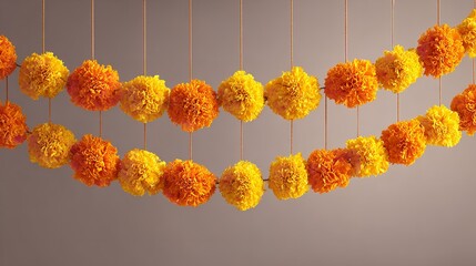 Beautiful marigold flower garland hanging, a traditional decoration for indian festivals and celebrations