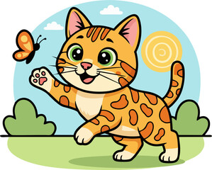 Playful Cartoon Bengal Cat and Butterfly – Cute Vector Illustration for Children’s Design, Isolated on Colorful Outdoor Background