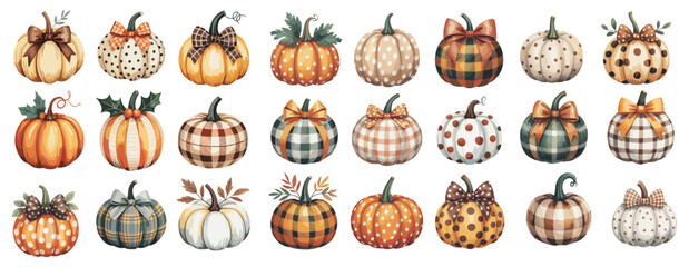 Watercolor illustration of decorative pumpkins in autumn colors with plaid, polka dot, and striped patterns, adorned with bows, isolated on transparent background