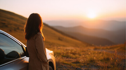 Woman in a coat standing beside her car, gazing at the sunset over scenic mountain views, embracing a moment of peace and reflection.