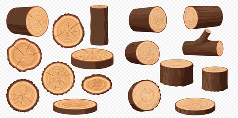 A collection of cartoon logs and wood slices on a transparent background.