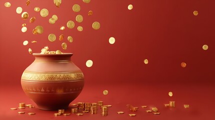 A pot of gold overflowing with coins on a red background, symbolizing wealth, fortune, and st patricks day