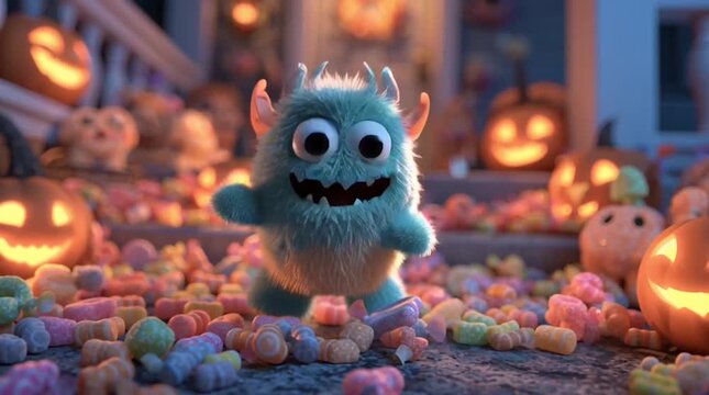 A tiny monster sitting on a porch surrounded by pumpkin and candy