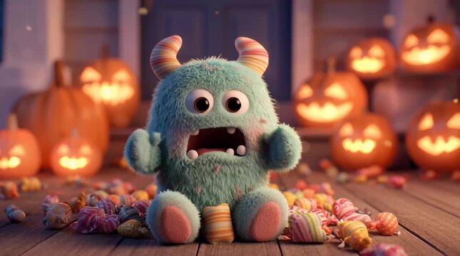 A tiny monster sitting on a porch surrounded by pumpkin and candy