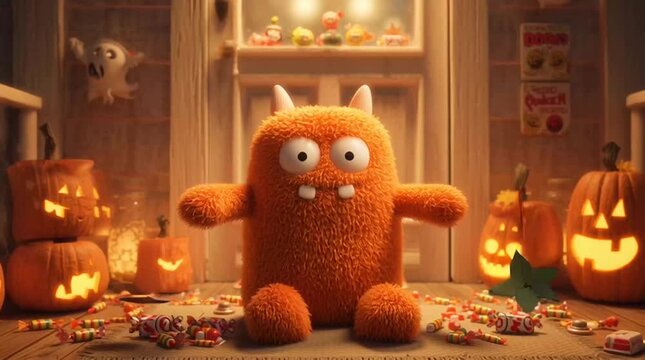 A tiny monster sitting on a porch surrounded by pumpkin and candy