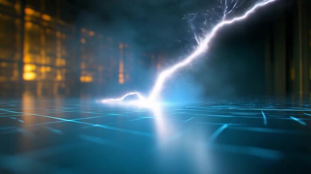 Electric Surge in a Futuristic Landscape: A powerful lightning bolt descends upon a modernistic environment, illuminating a network of pathways with its potent energy.