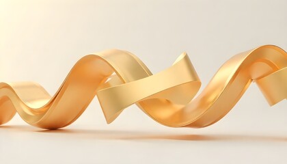 Decorative zigzag ribbon sculpture with golden folds on light background. 3d render illustration.