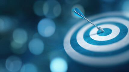 A blue dart perfectly hitting the center of a bullseye target, symbolizing precision and success.
