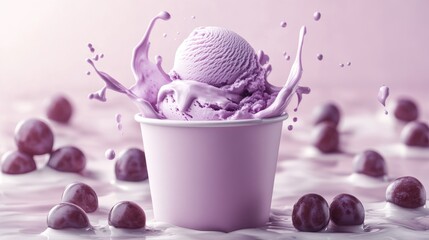 Soft lavender cup for grape ice cream with a smooth, creamy texture, a single light scoop of ice cream on top, surrounded by gentle milk splashes and small grape halves.