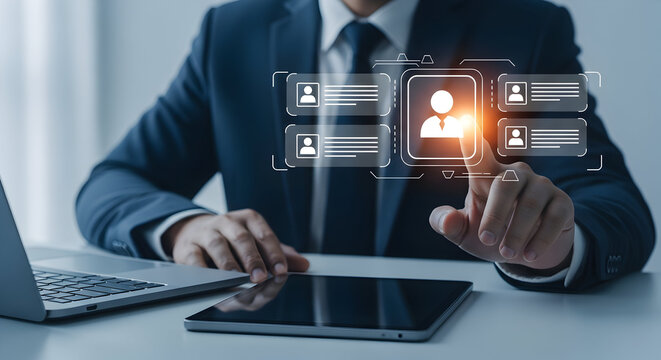 Professional recruiter searching profiles for talent with modern tech