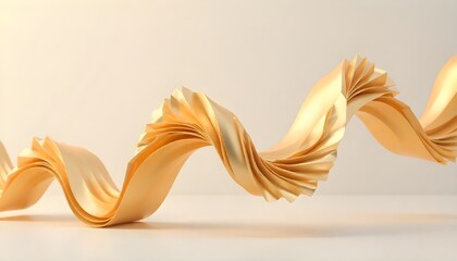 Decorative zigzag ribbon sculpture with golden folds on light background. 3d render illustration.