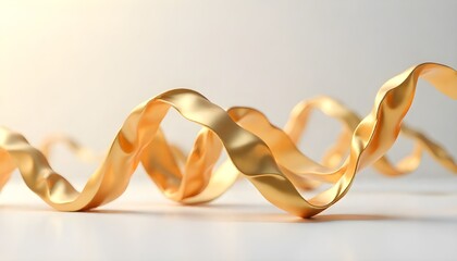 Decorative zigzag ribbon sculpture with golden folds on light background. 3d render illustration.