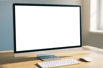 Fototapeta premium Blank desktop computer monitor mockup with keyboard and mouse on wooden table in bright room with clean white background for design display concept. Ai generative