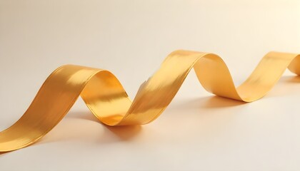 Decorative zigzag ribbon sculpture with golden folds on light background. 3d render illustration.